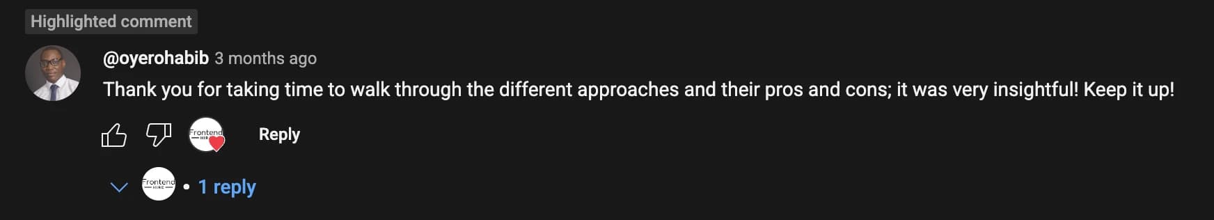 YouTube comment from a learner recommending Frontend Hire content.