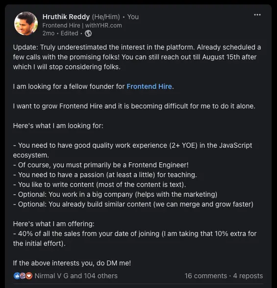 The post for a co-founder