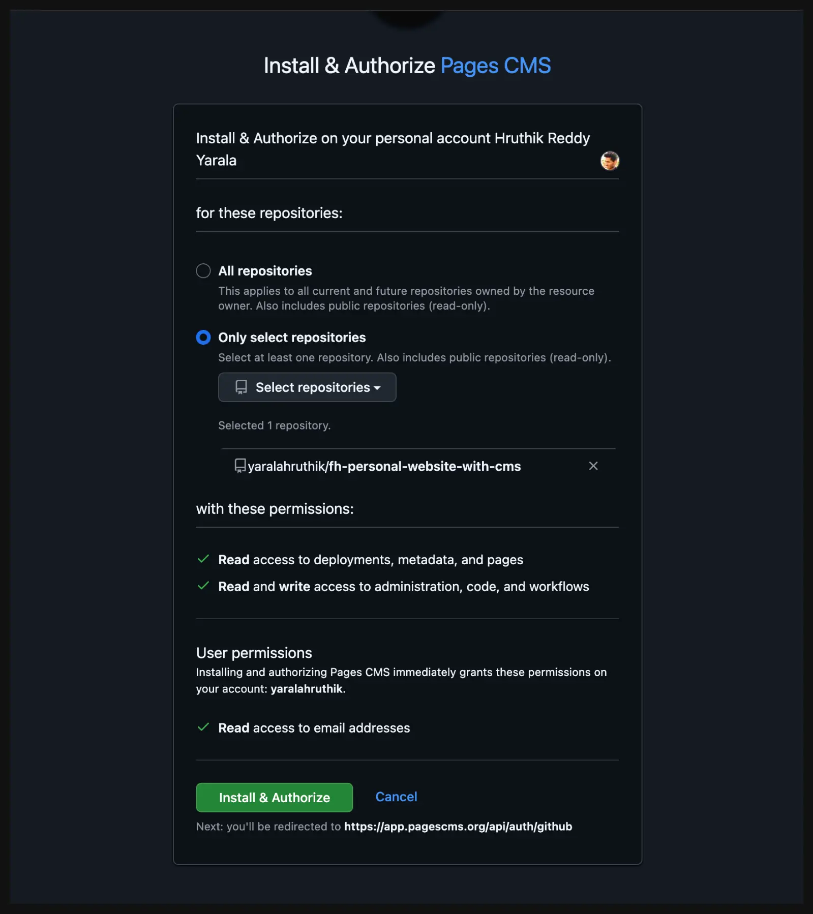 Option to install Pages CMS only for selected repositories for better security