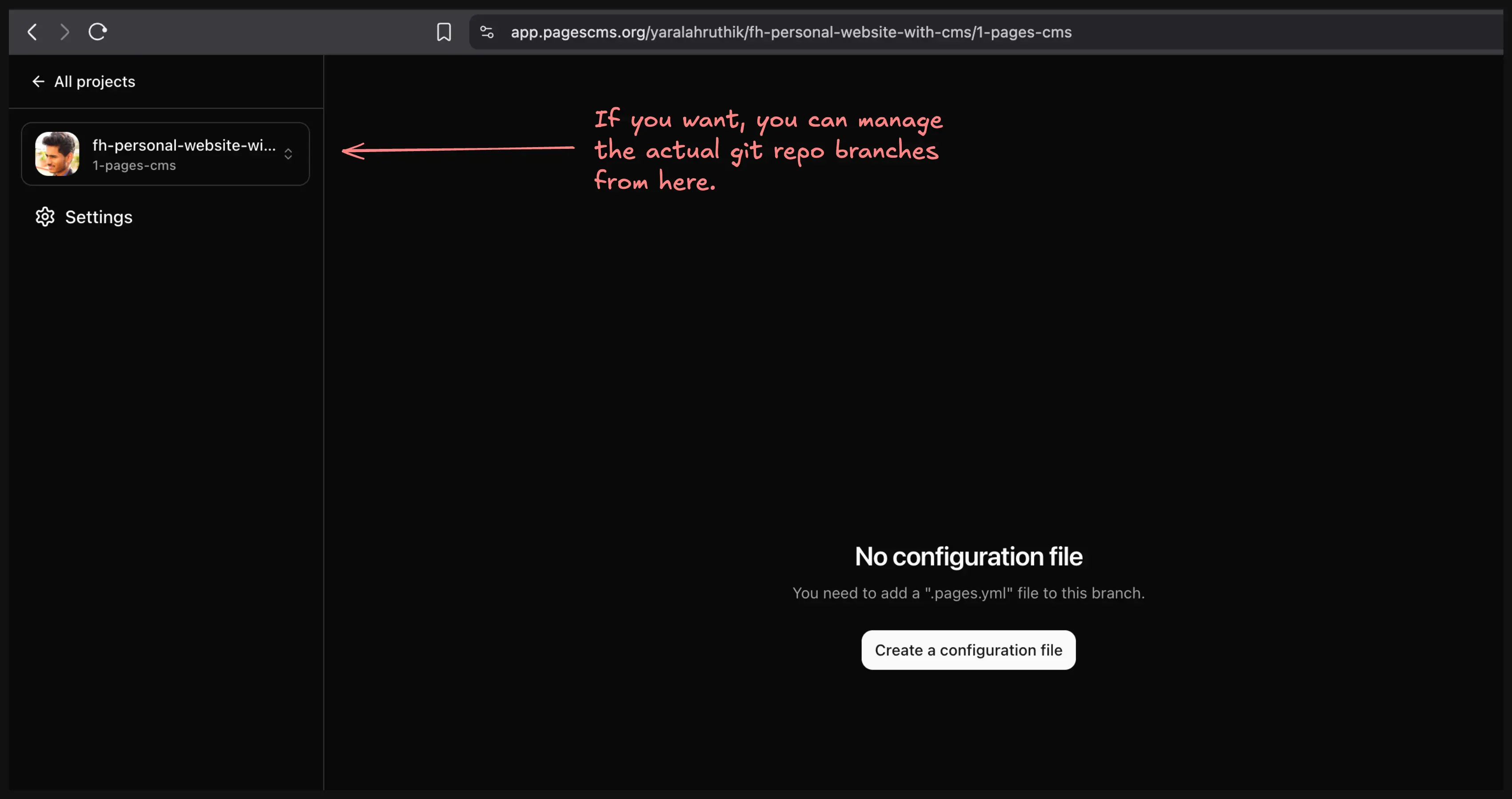 Pages CMS interface showing option to create a configuration file with branch selector