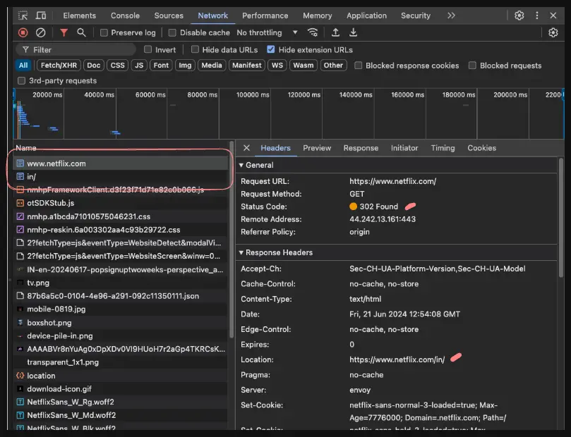 Network Requests for Geo Redirection of Netflix